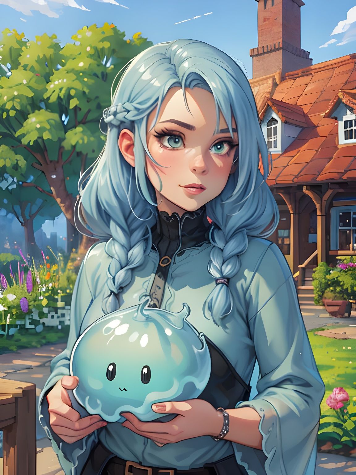 Cute Slime Girl Gardening in Watercolor Pixel Art