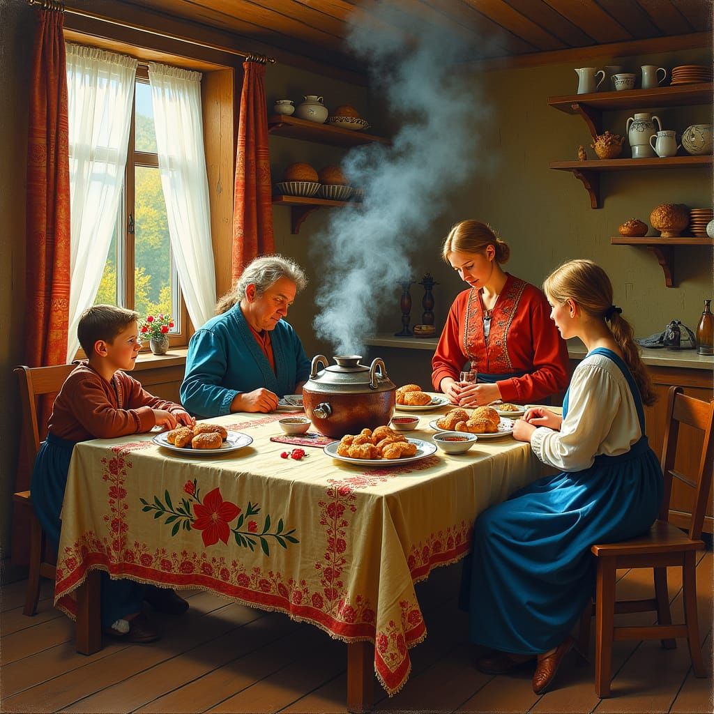 Ukrainian Family Gathering in Rustic Impressionist Style