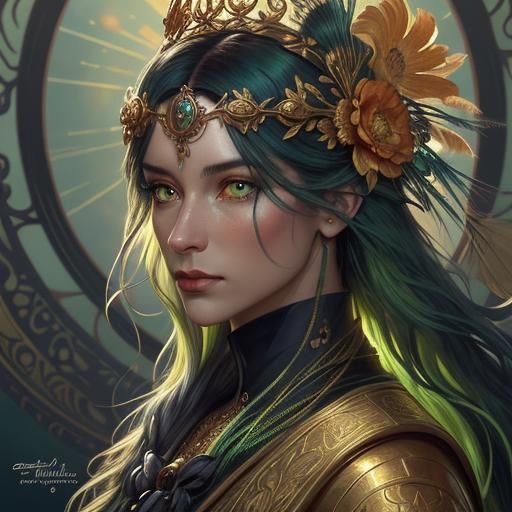 Golden Woman with Peacock Feathers, Fantasy Art