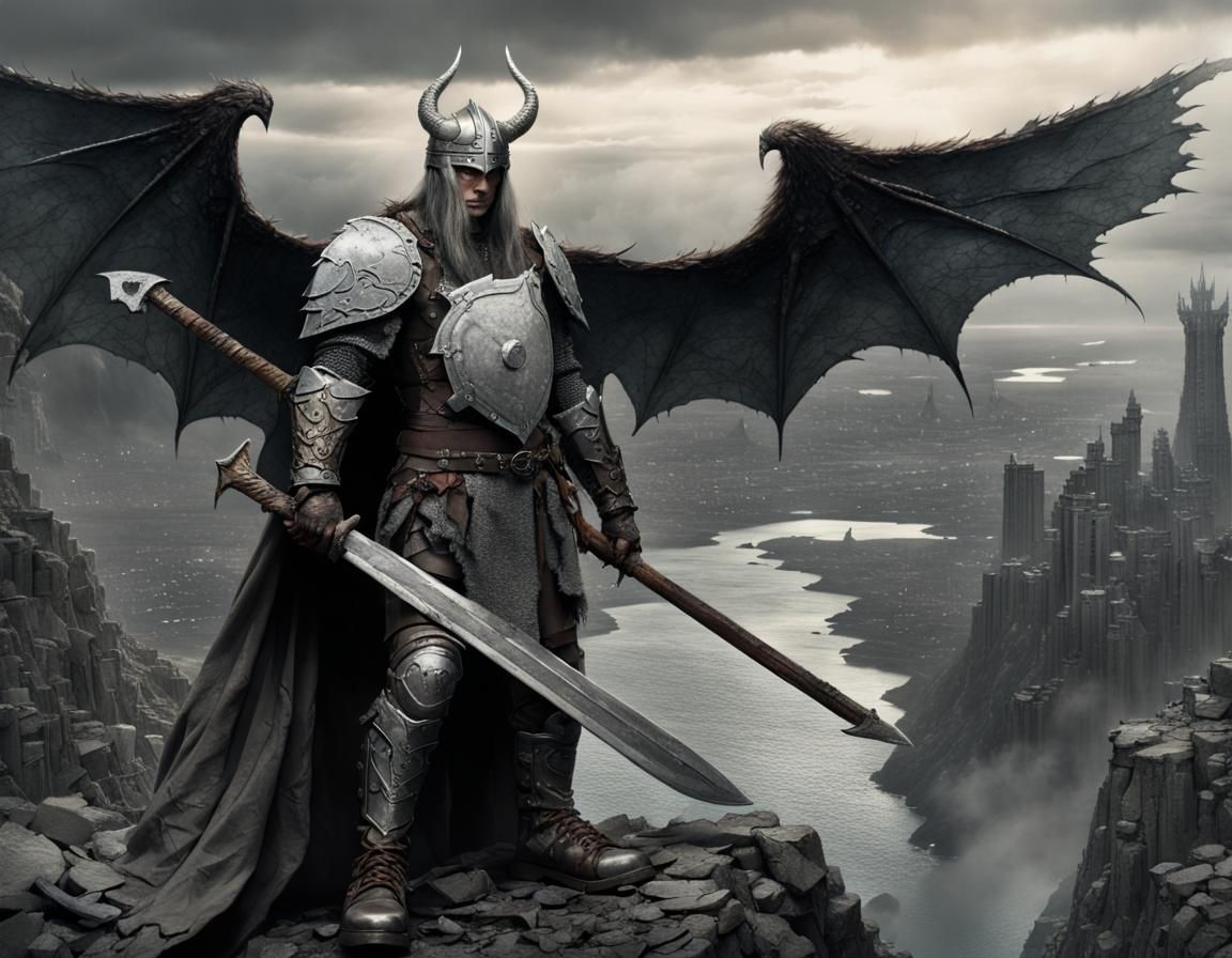 Winged Viking-Knight in Dystopian Wasteland: Hyper-Surreal A...