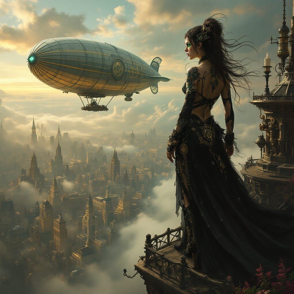 Dieselpunk Sorceress on Zeppelin in Steampunk Fantasy Style