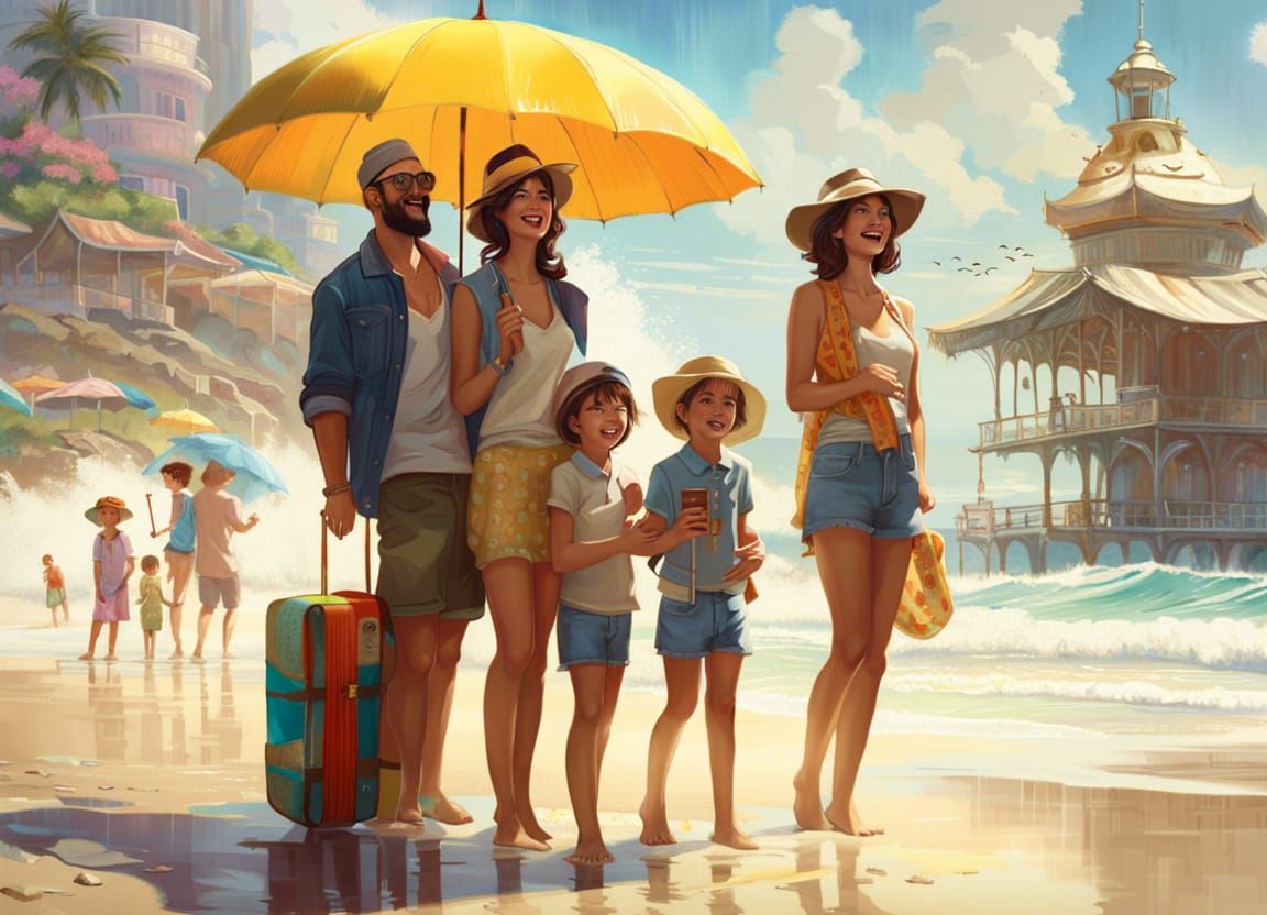 Happy Hipster Family on Beach in Photorealistic Style