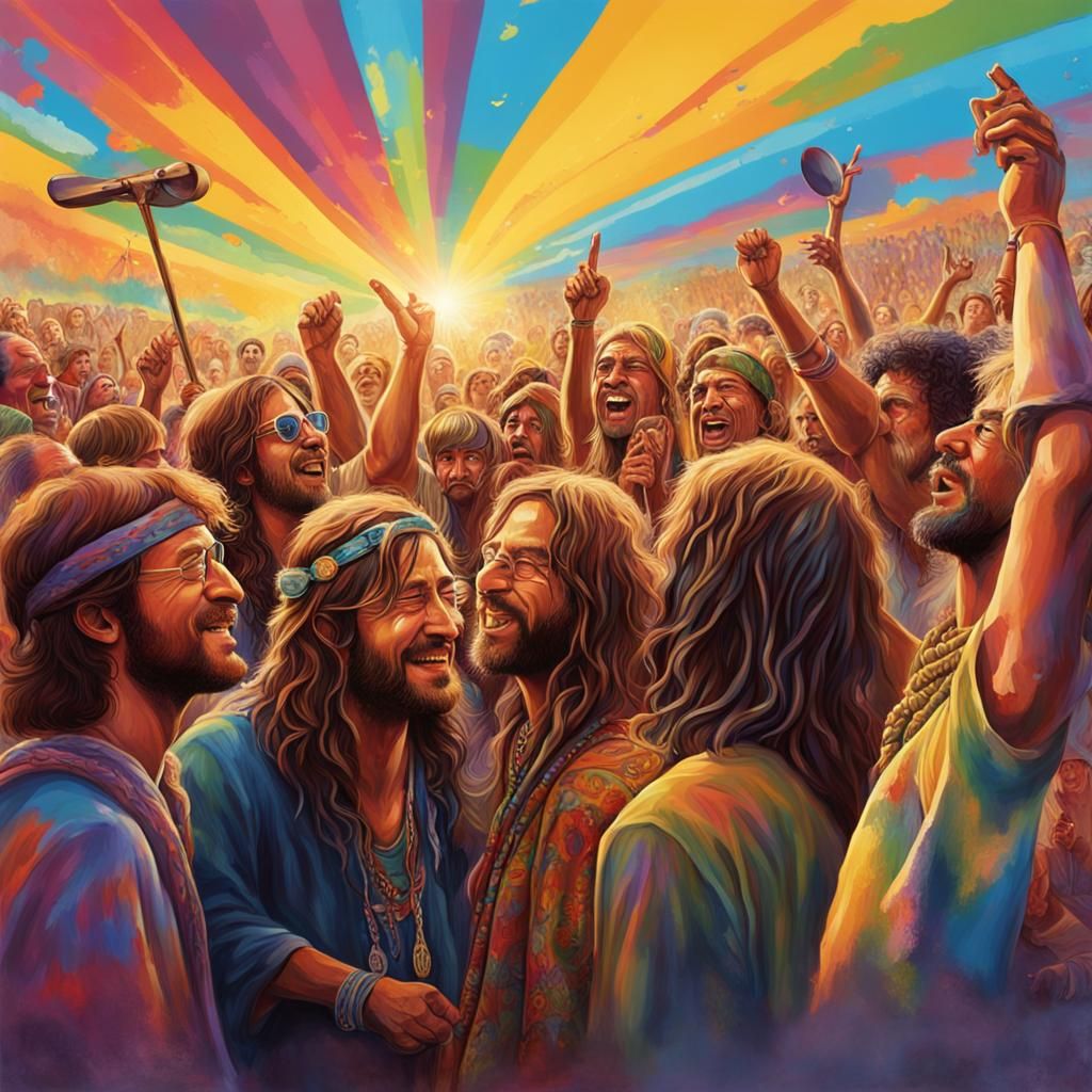 Hippies Enjoying Woodstock in Hyperrealistic Splash Art
