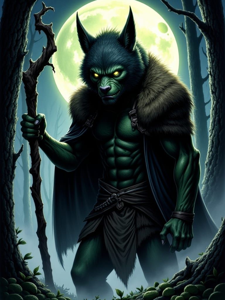 Werewolf in Moonlit Forest, Dark Fantasy Illustration
