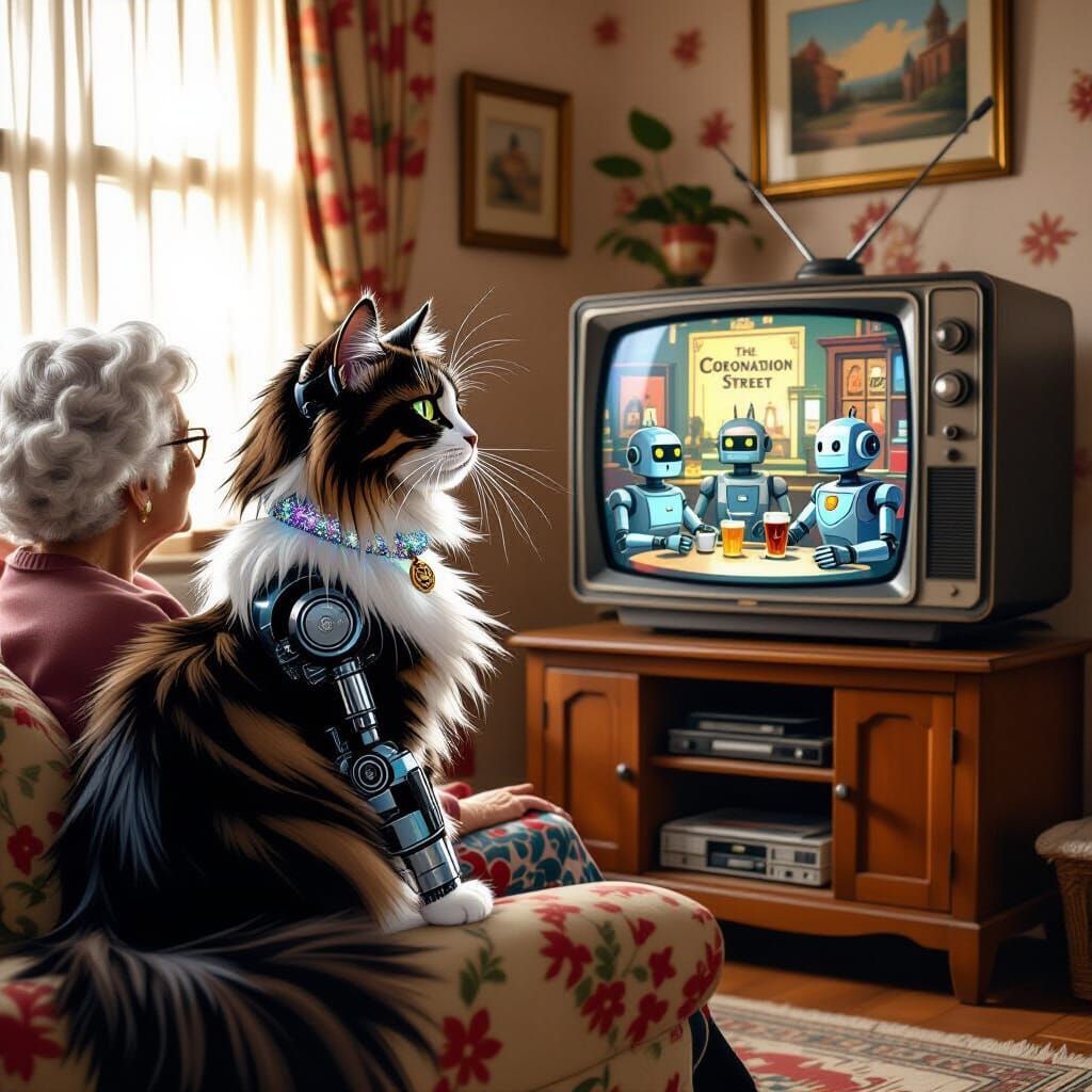 Robot Cat and Lady Watch Robot Coronation Street