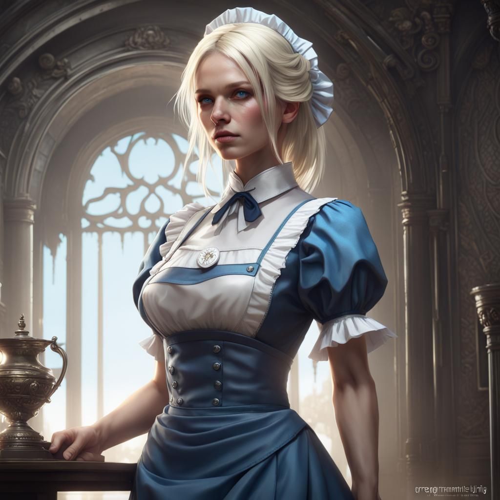 Maid with Platinum Hair in Dark Fantasy Style