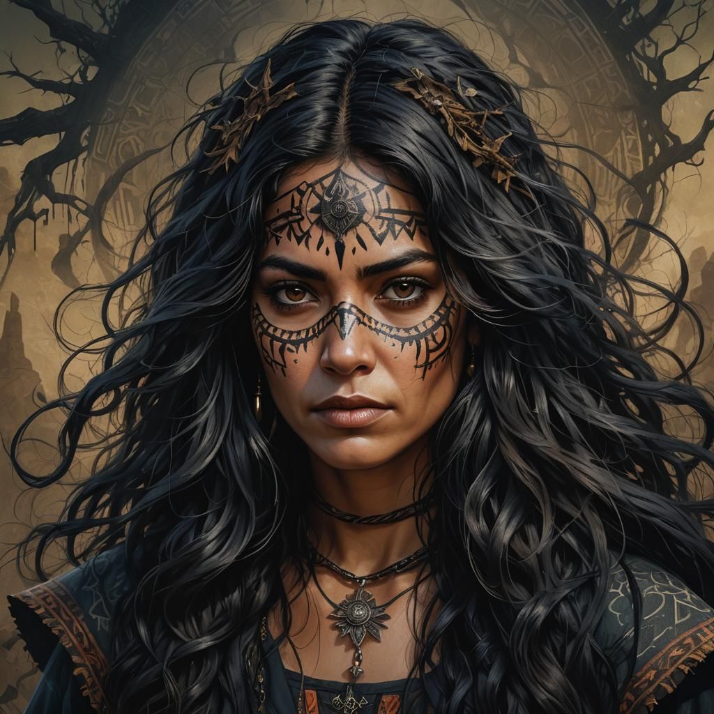 Hyperrealistic Portrait of a Latina Witch with Tribal Markin...