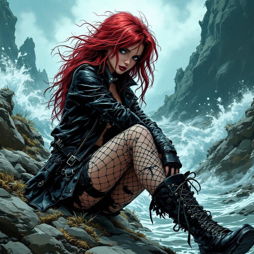 Punk Rock Ariel on Rocky Coastline