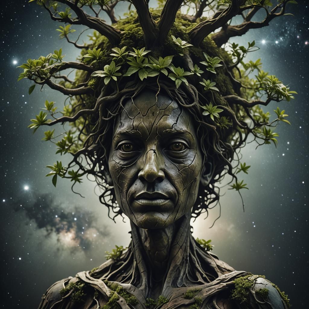 Cosmic Tree Statue Portrait in Ambient Light
