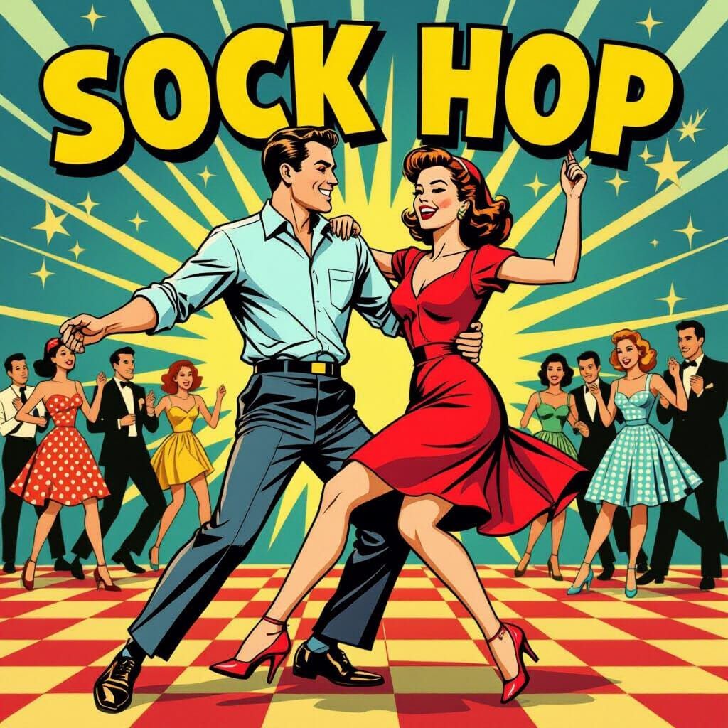 1950s Couple Jitterbugging at Sock Hop in Comic Style