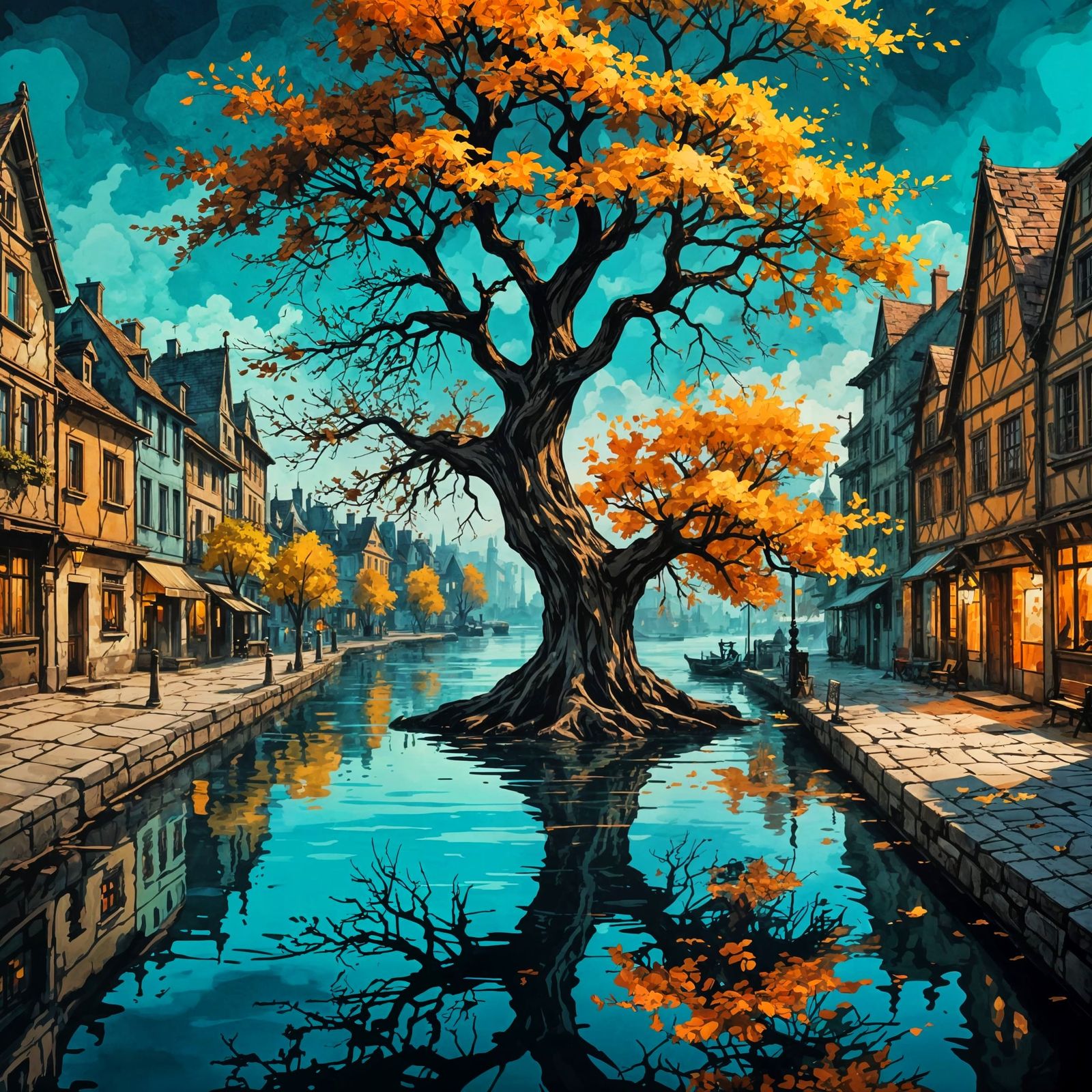 Tree by the Water in Ink Painting Style