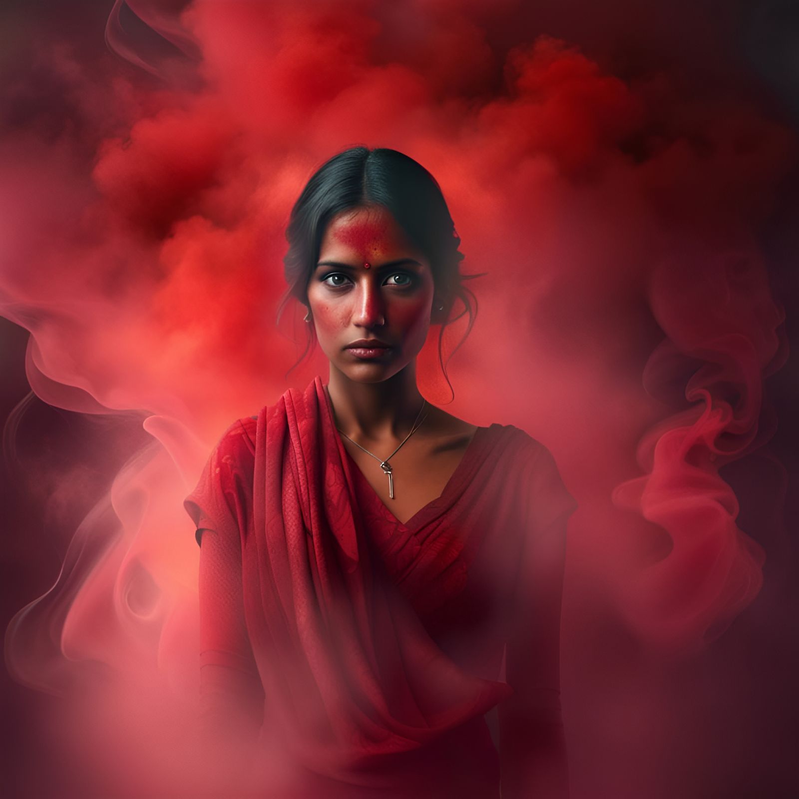 Vulnerable Indian Woman in Red Smoke