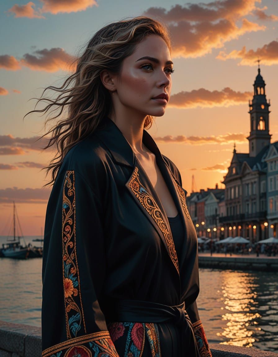 Woman in Dark Clothing Against Vibrant Sunset