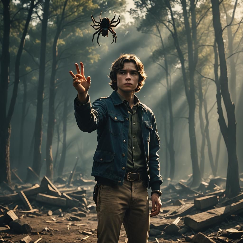 Ryden Character Holding Spider Skill, Cinematic Film Still