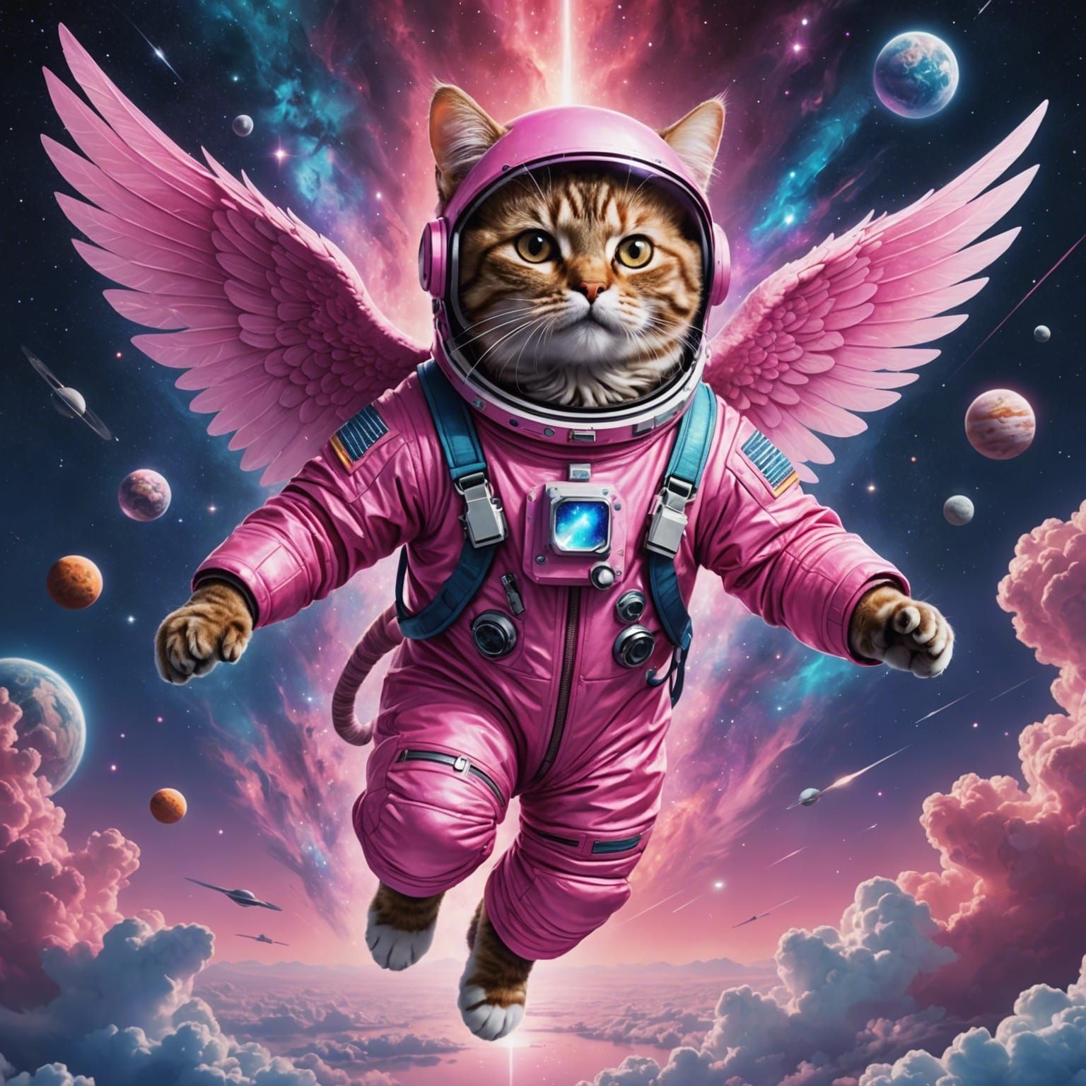 Winged Cat Astronaut Ascends: Astral Illustration