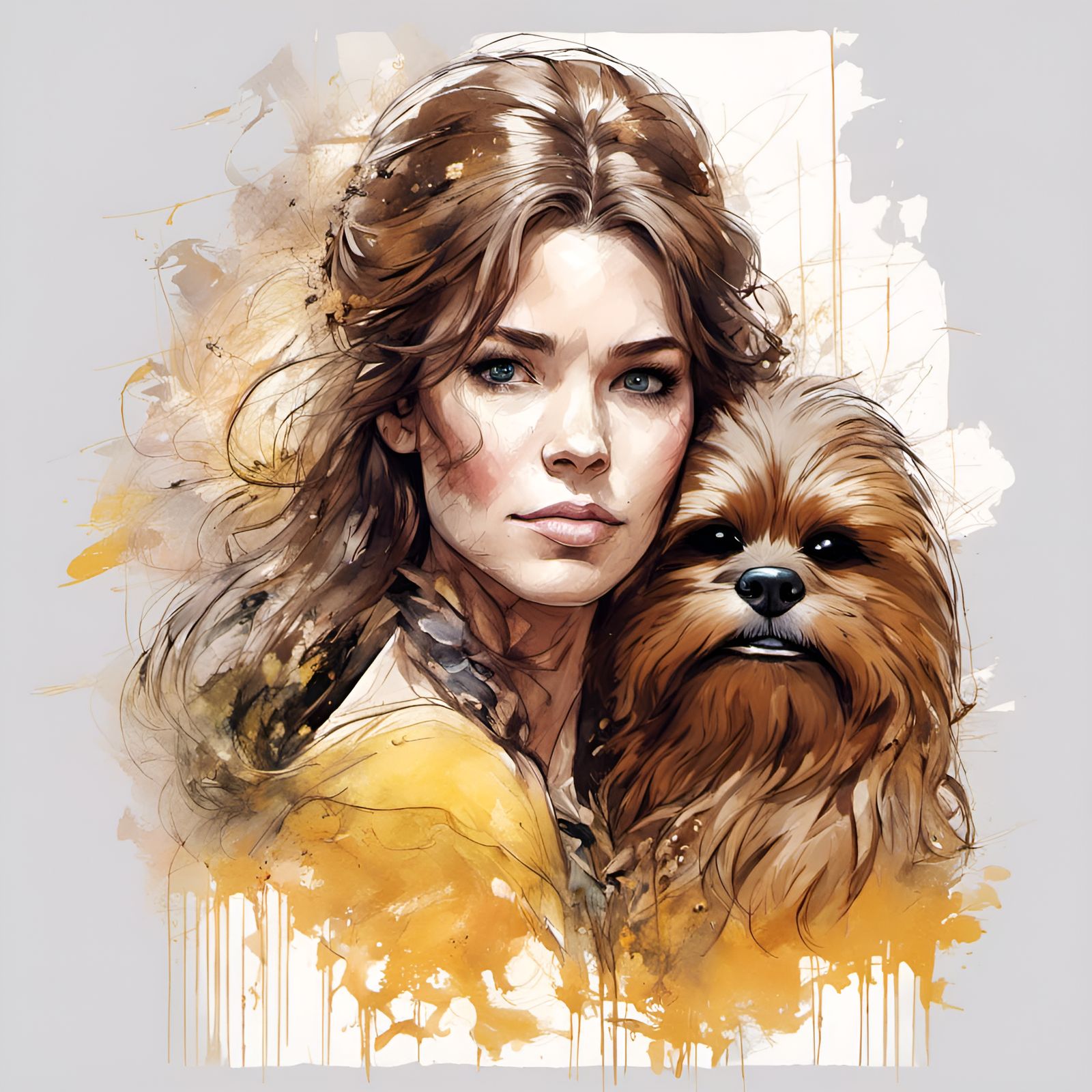 Belle and Chewbacca Portrait in Ink and Watercolor