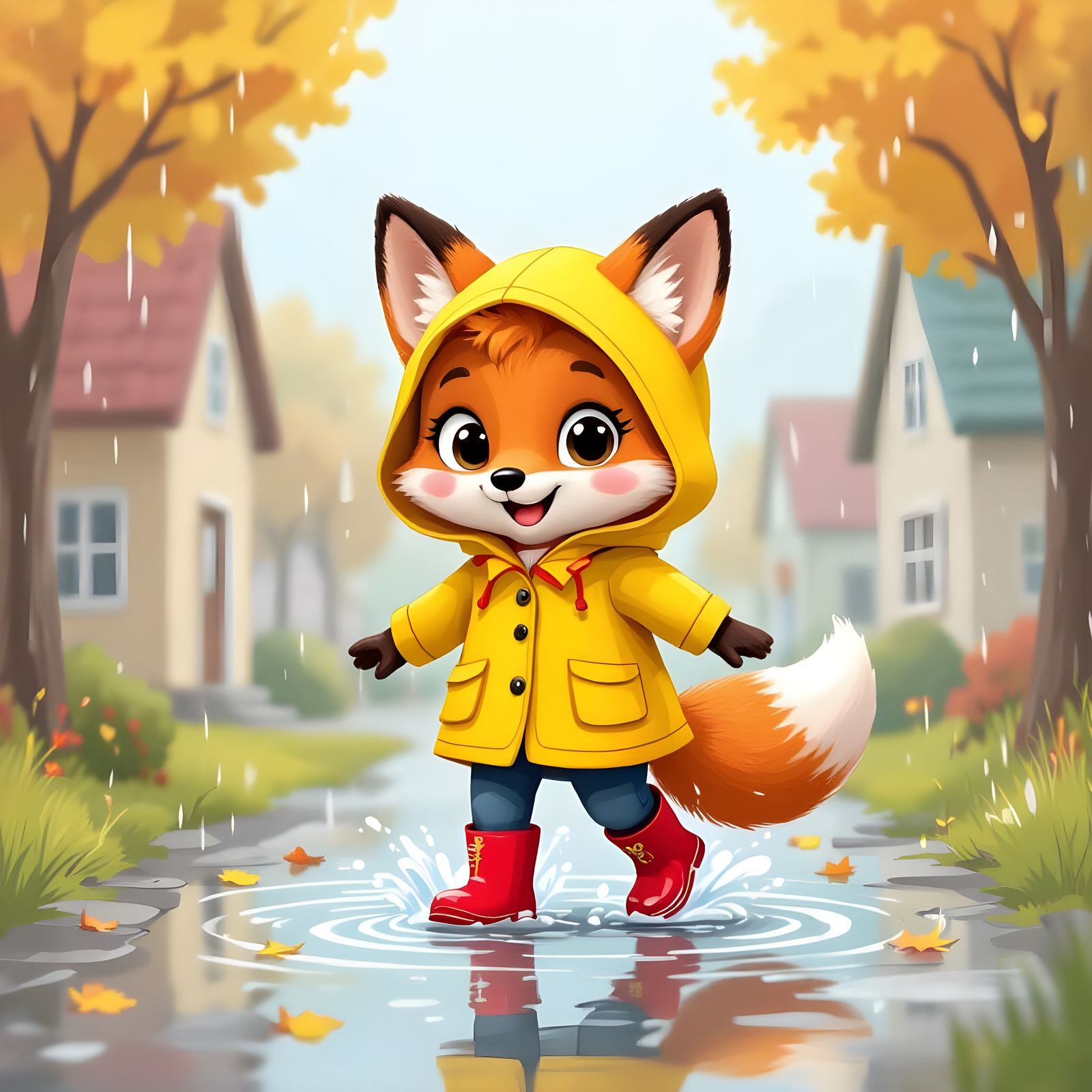 Fox in Raincoat: Cheerful 2D Cartoon Illustration