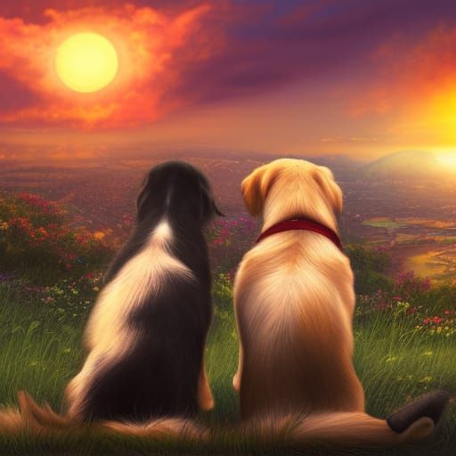 Romantic Sunset View with Two Dogs