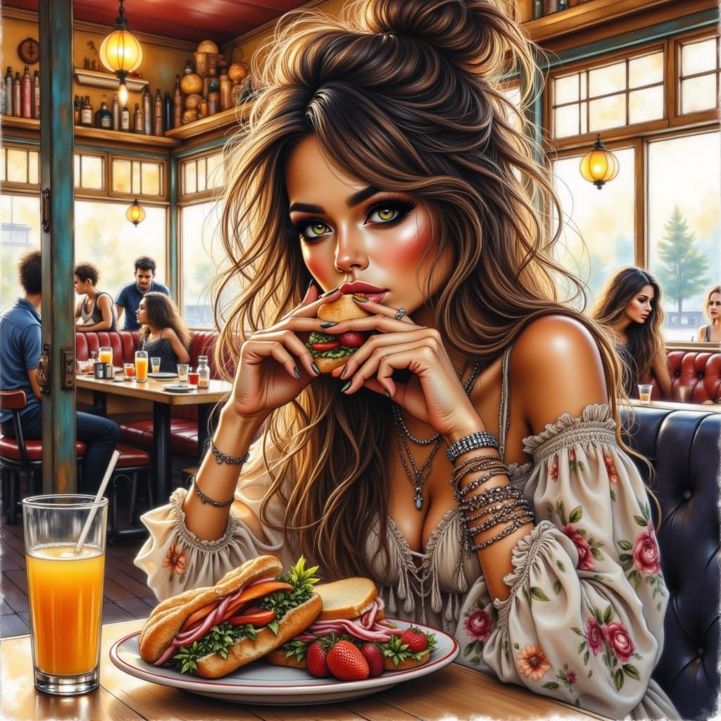 Boho Woman Enjoys Sandwich in Nostalgic Diner