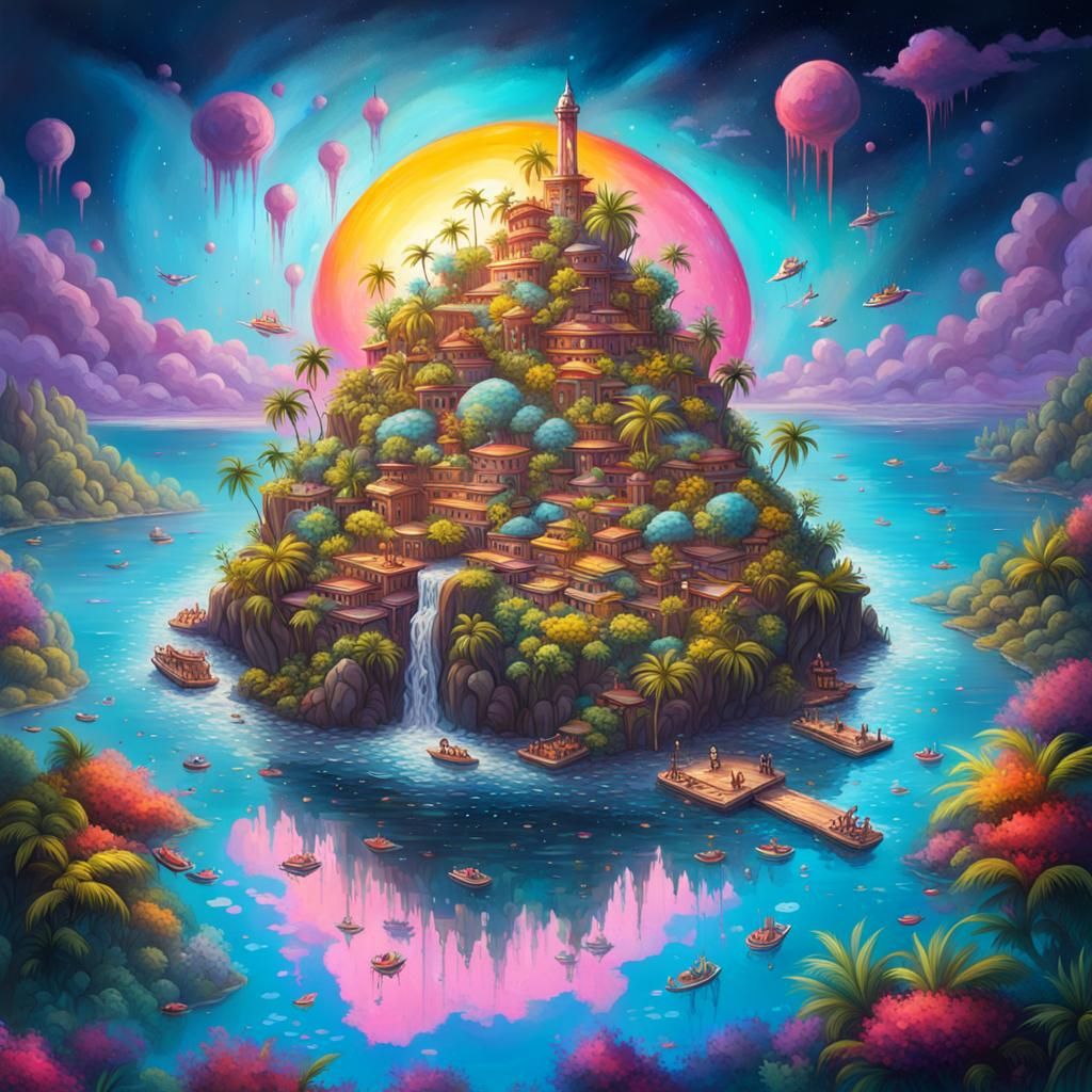 Paradise Island Floating in Starry Sea: Graffiti Art