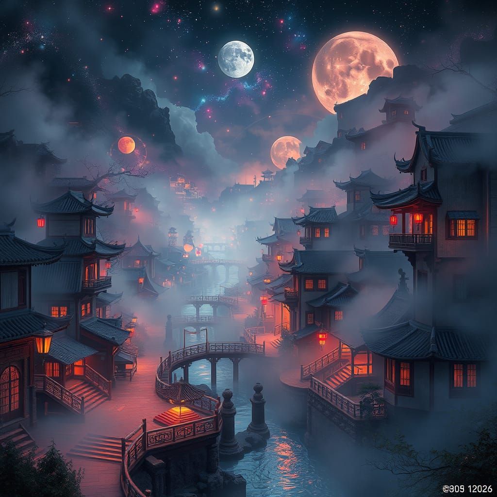 Mysterious Dark Fantasy Cityscape in 8K Holographic Style