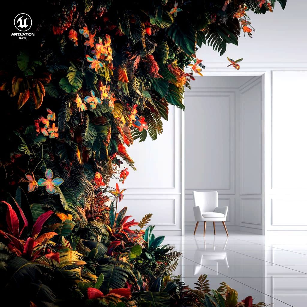 Rainforest Meets Minimalist Room: Detailed Concept Art