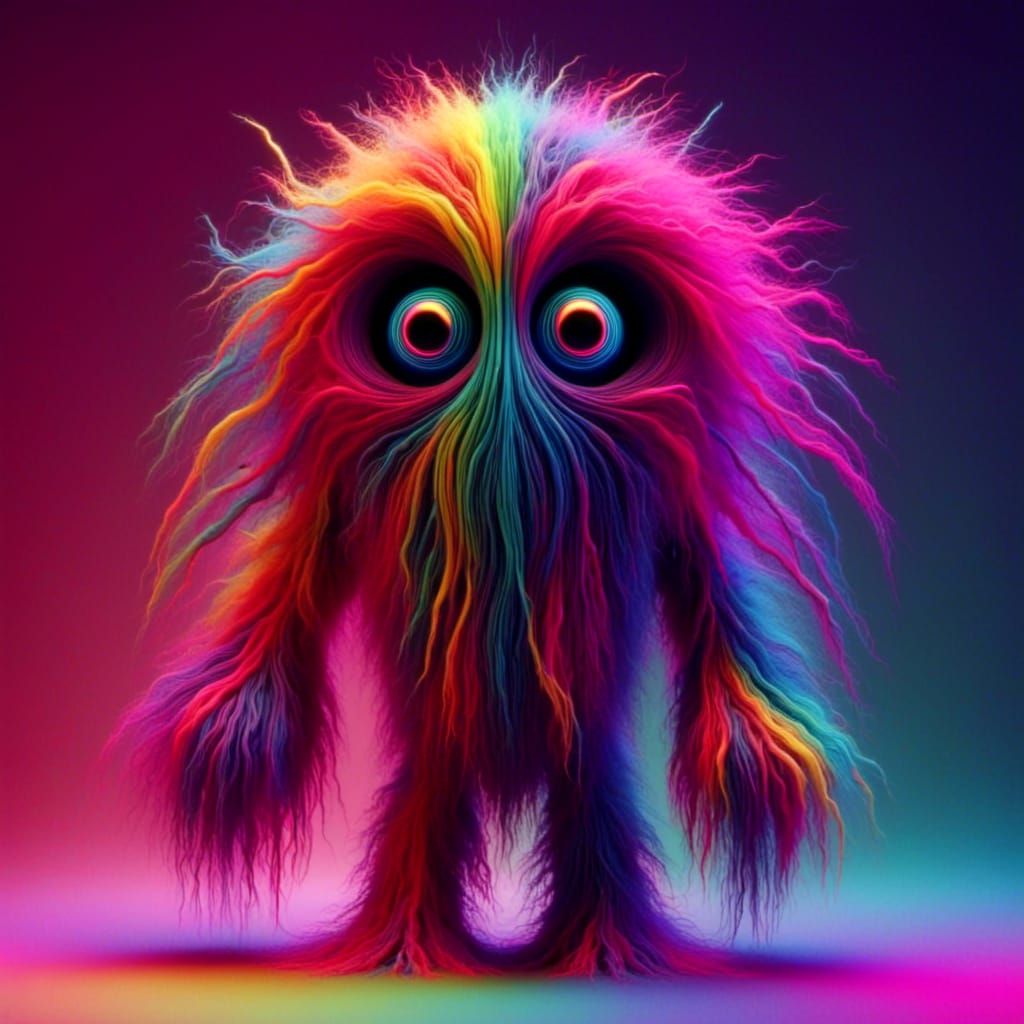 Rainbow Hairy Creature with Hollow Eyes