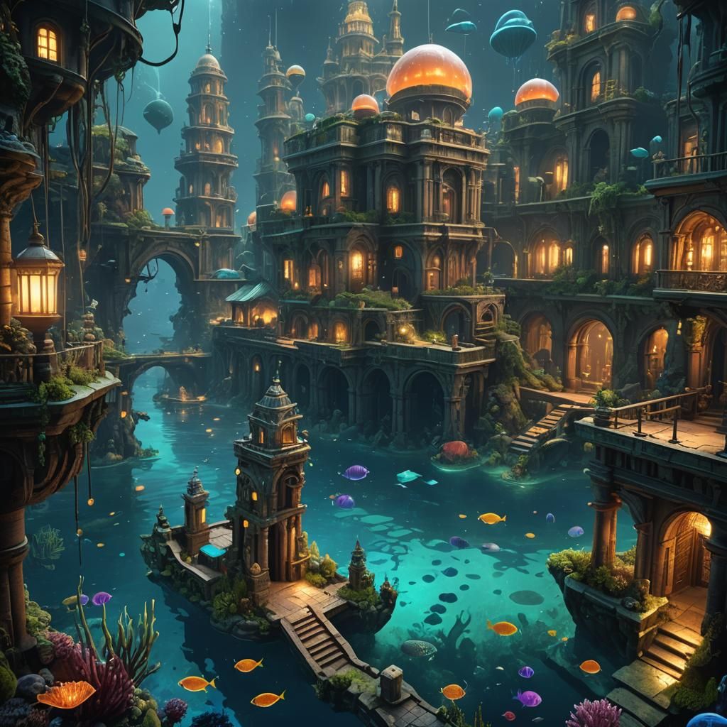 Bioluminescent Underwater City with Mermaids in 3D