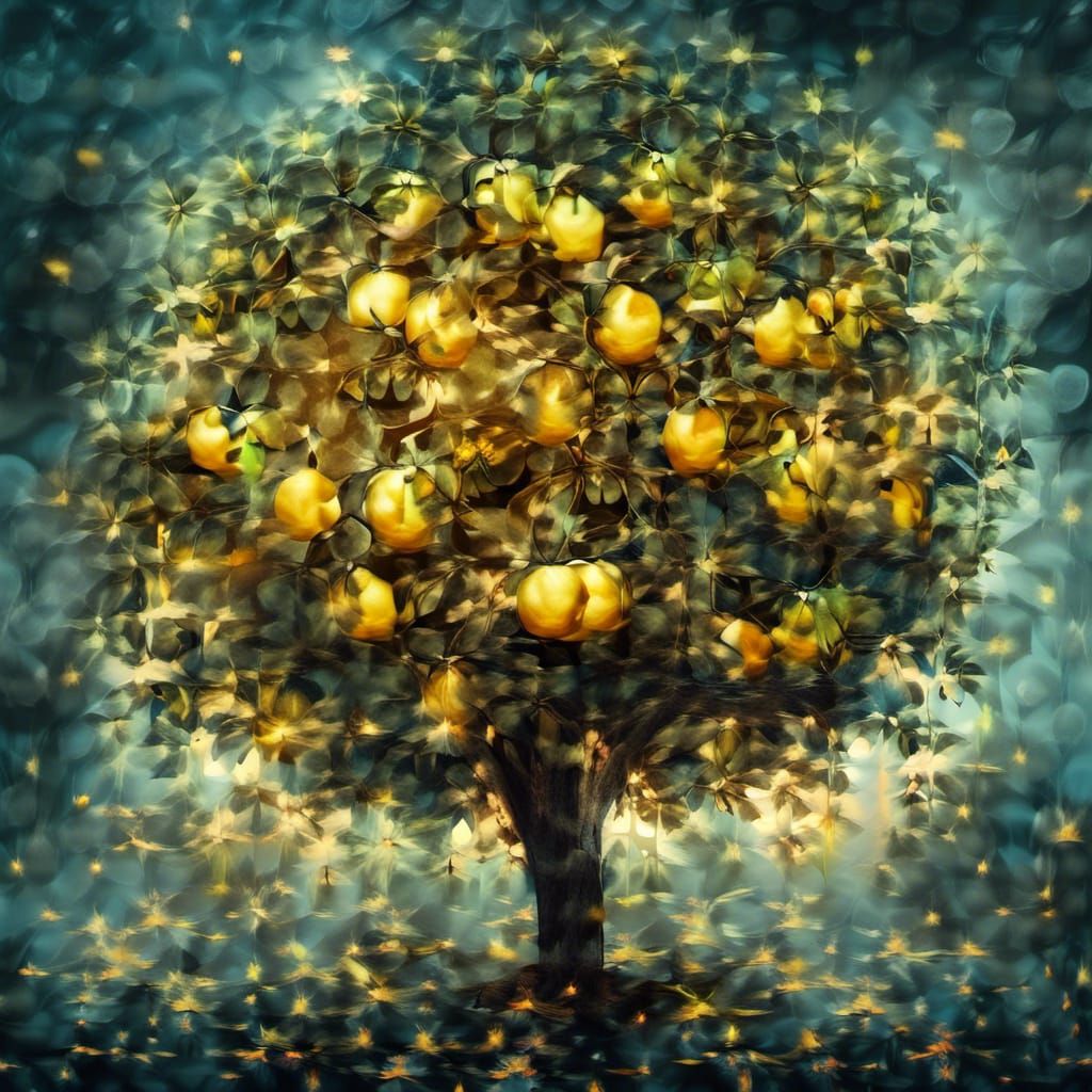 Night Lemon Tree in Digital Watercolor Style