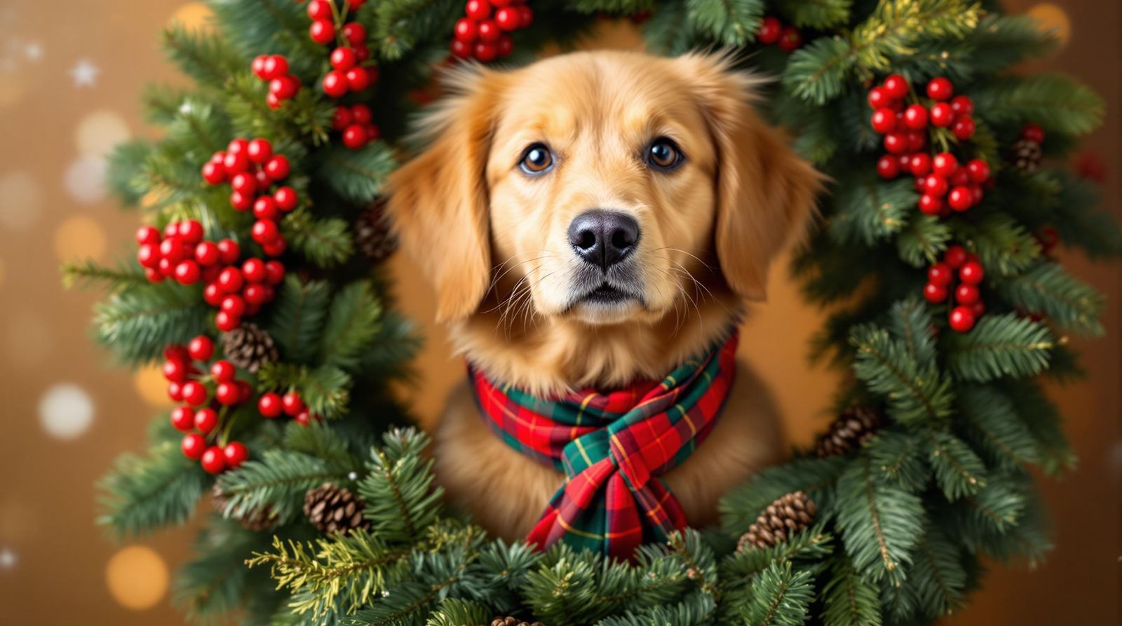 Golden Retriever in Christmas Wreath