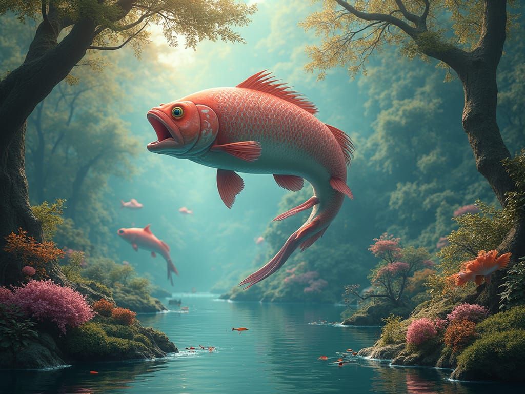 Surreal Fishing Scene in Vivid Fantasy Landscape