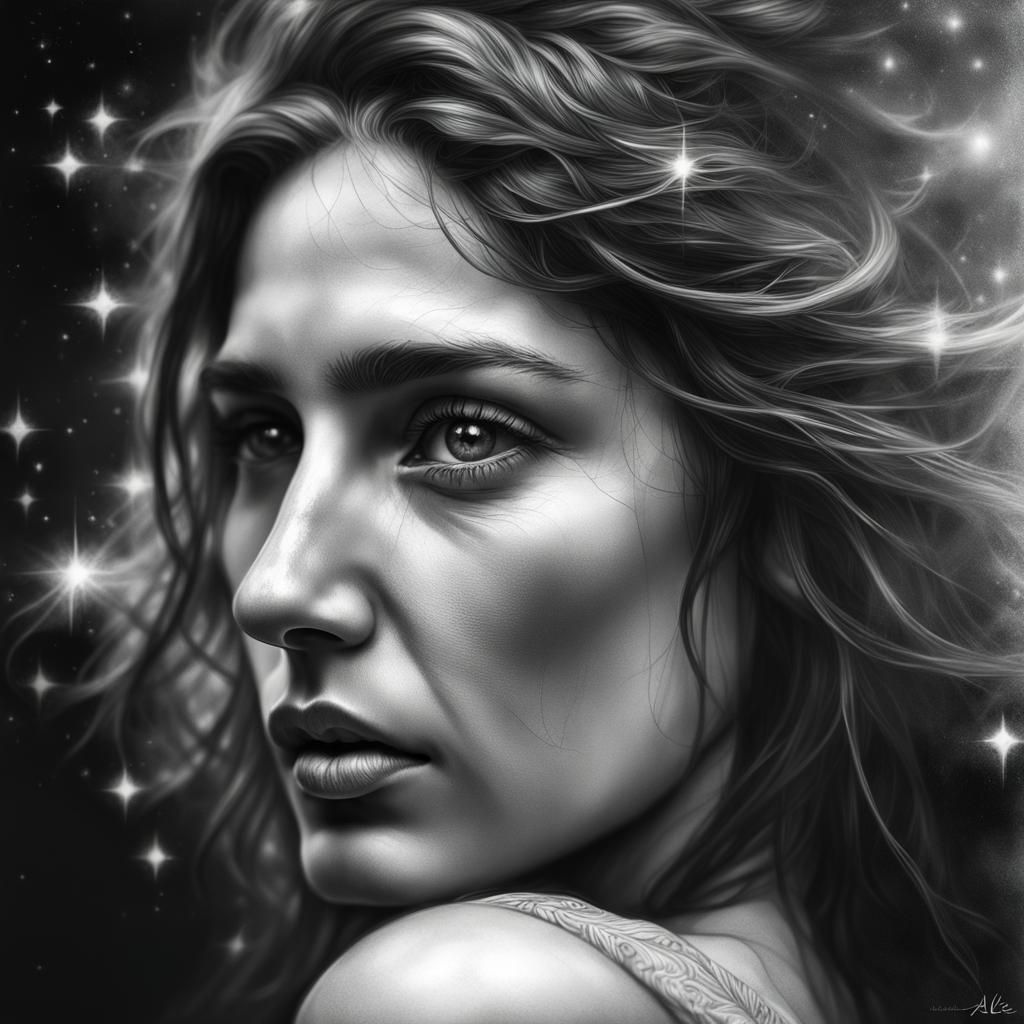 Asteria: Greek Goddess in Pencil Drawing