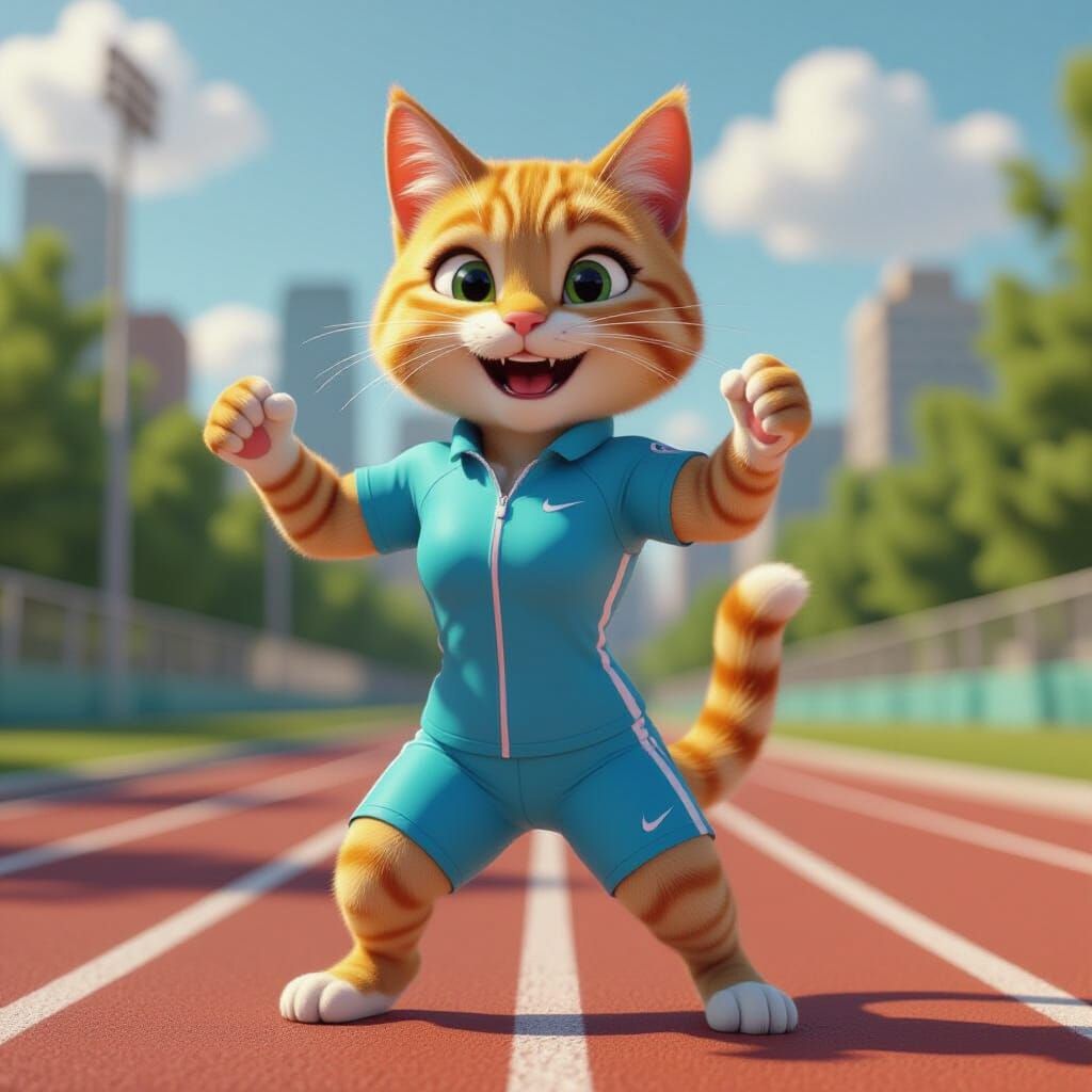 Anthropomorphic Cat Fitness Trainer in 3D Animation Style