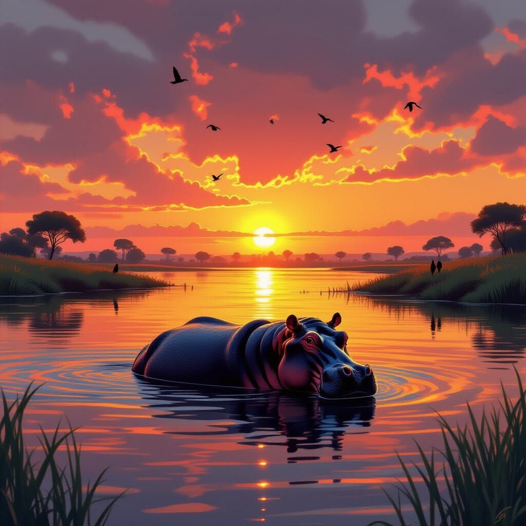 Hippo in the River Nile at Sunrise, Inspired by Loish