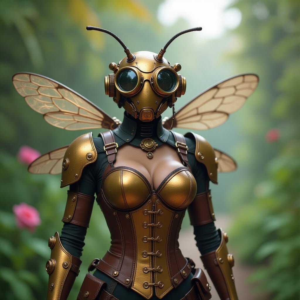 Steampunk Bee in Garden, Inspired by Industrial Design