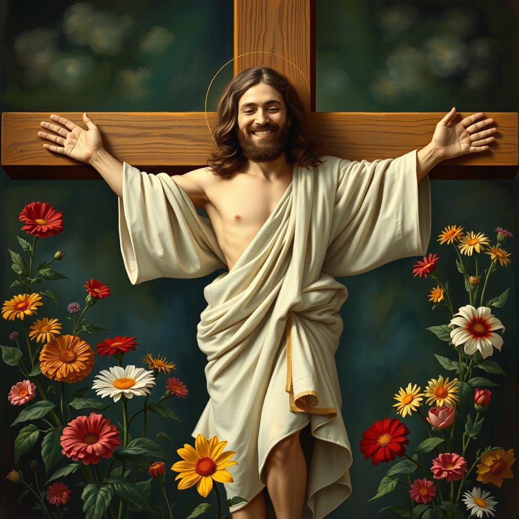 Radiant Jesus on Cross in Surreal Medieval Style