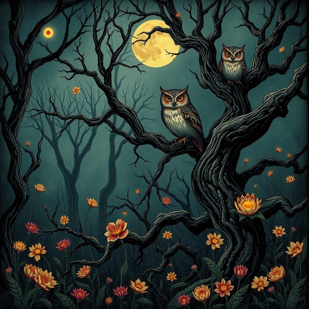 Whimsical Forest Dreamscape with Glowing Flowers and Owls