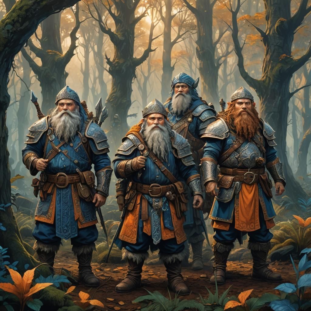 Dwarf Adventurers in Mystical Forest: Fantasy Art