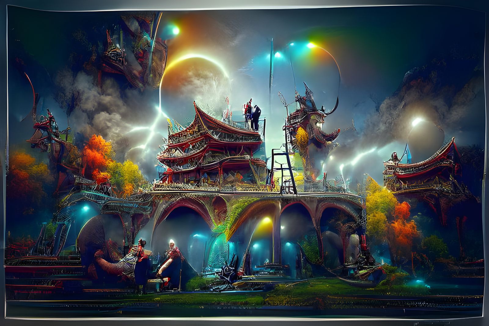 Colorful Ferris Wheel in Neon Pointillism Style