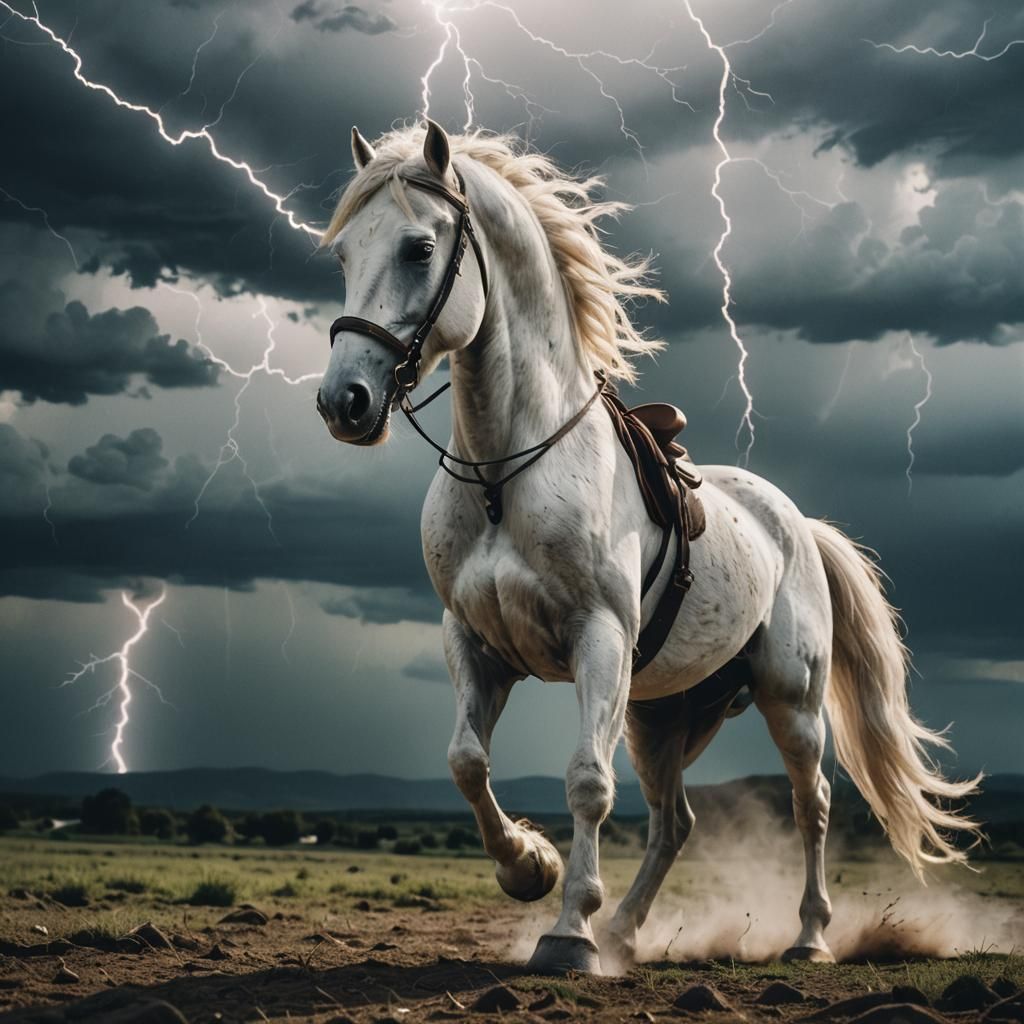 Dramatic Eight-Legged White Horse with Lightning