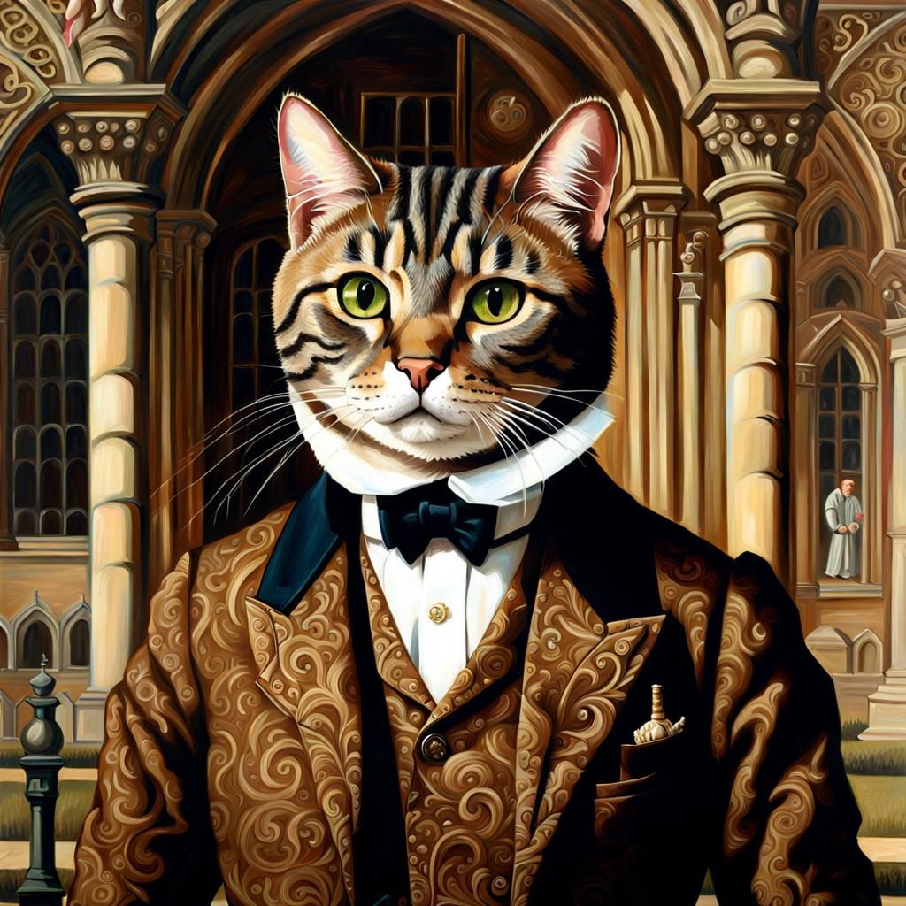 Tabby Cat in Edwardian Suit Before Abbey: Oil Painting