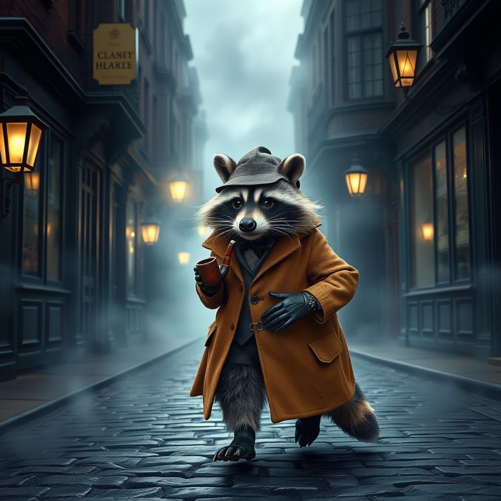 Raccoon Detective in Victorian London Fog