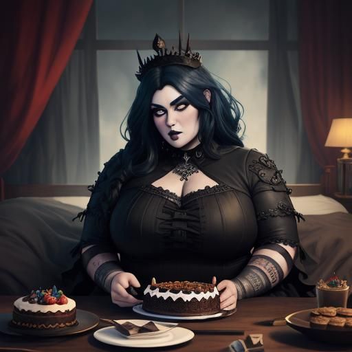 Goth Woman Receives Cake: Detailed Fantasy Art
