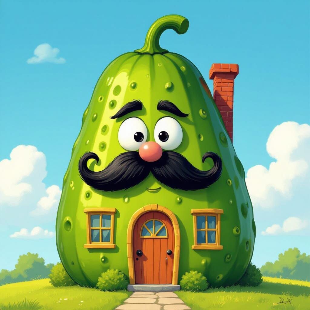 Whimsical Pickle House With A Bushy Mustache