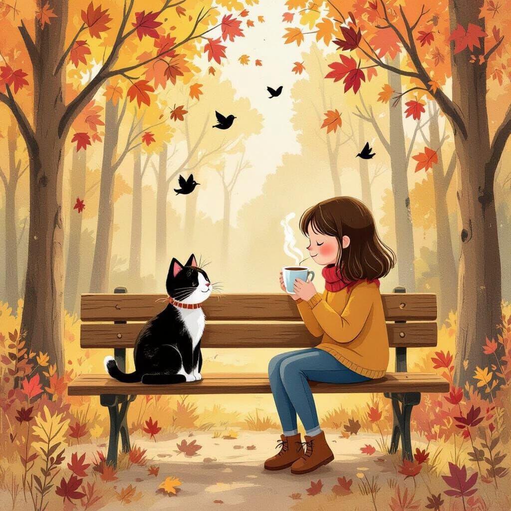 Autumn Forest Scene: Girl, Cat, and Coffee
