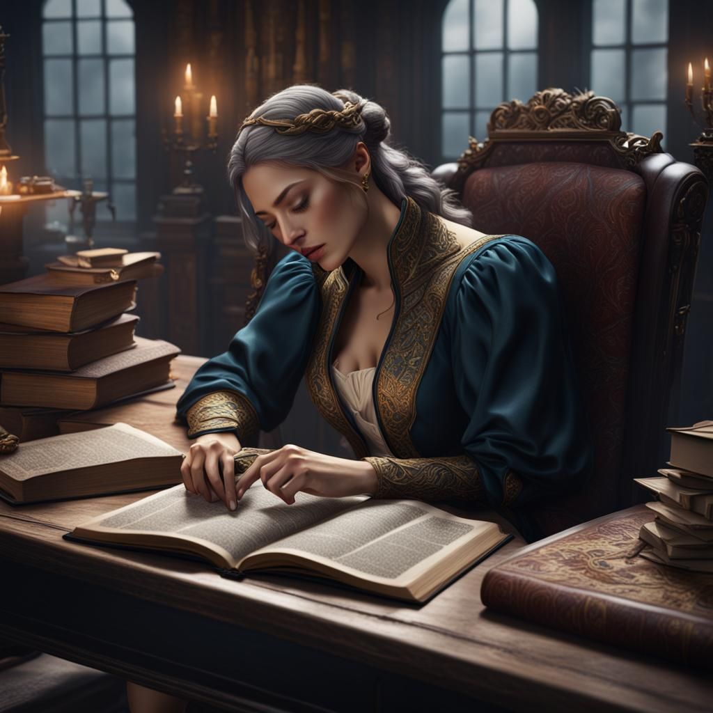 Woman Asleep Reading: Detailed Matte Painting