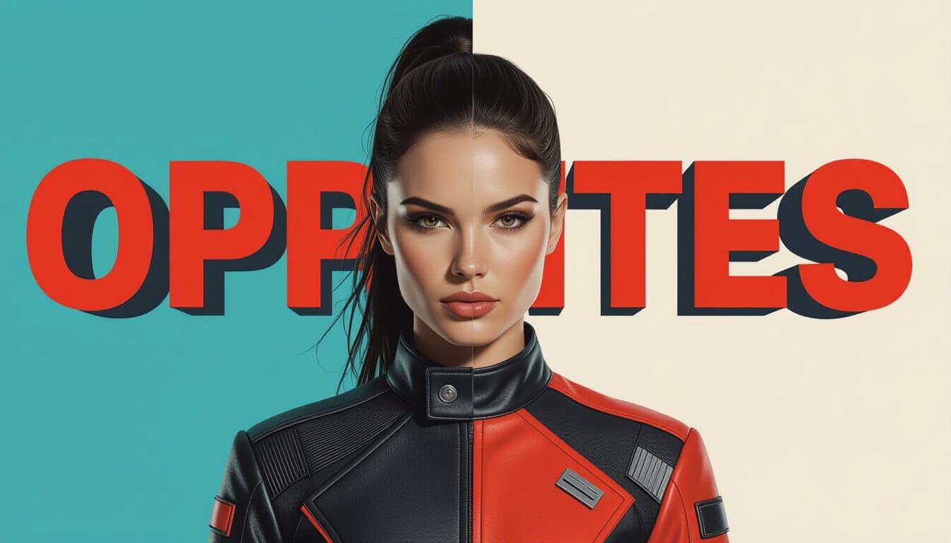Woman Embodies Opposites with Futuristic Typography