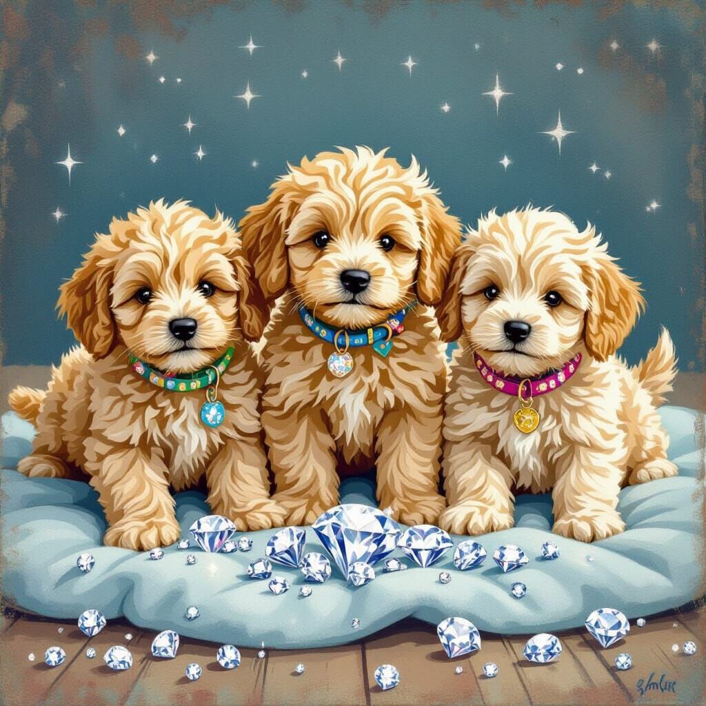 Golden Doodle Puppies Playing with Diamonds