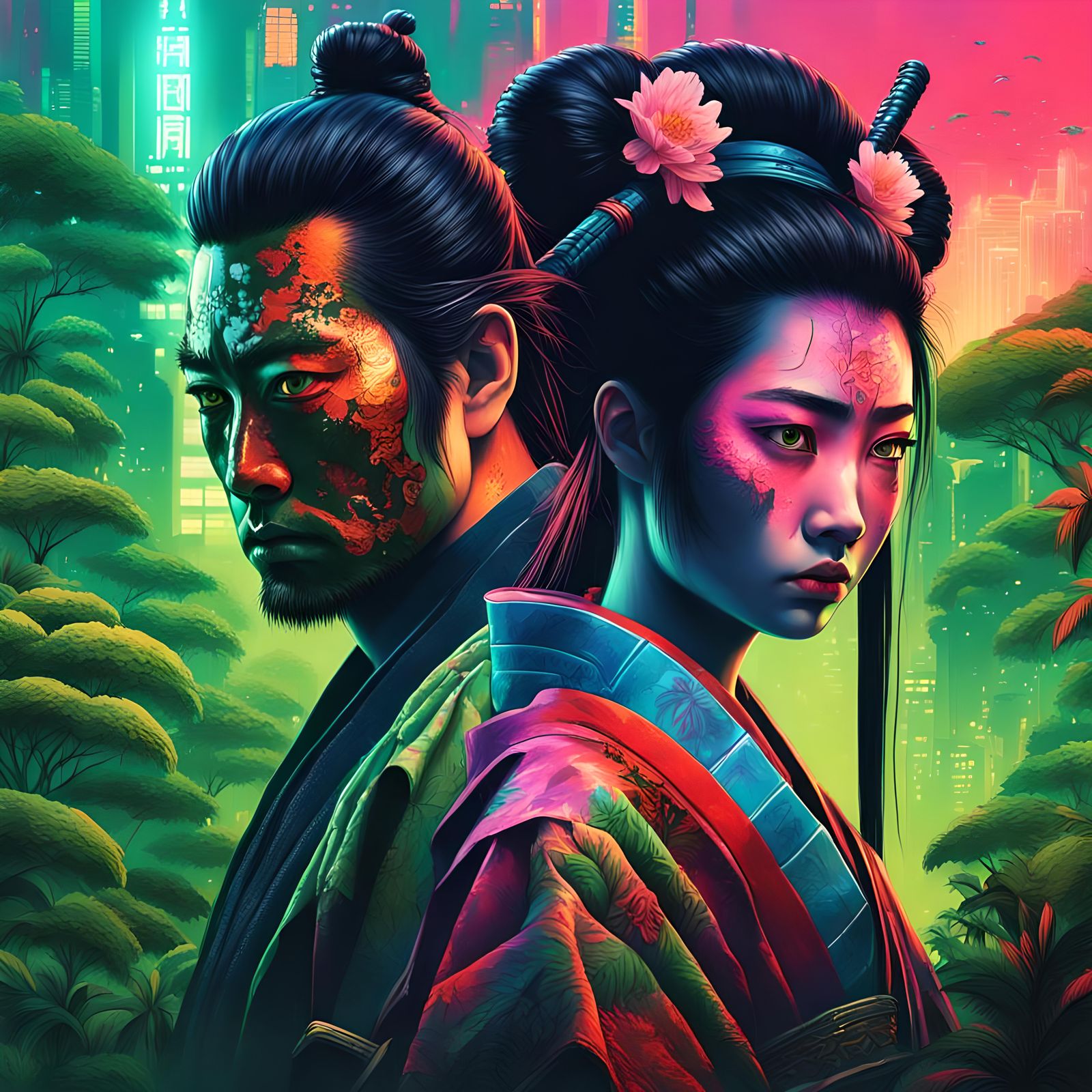 Samurai and Geisha in Post-Apocalyptic Cityscape