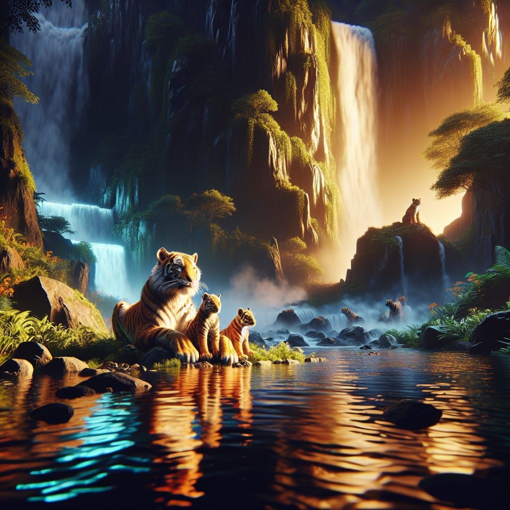 Mother Tiger and Cubs by Vibrant Waterfall